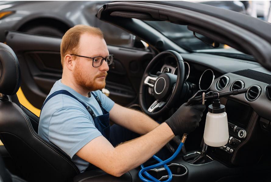 Man cleaning interior of car